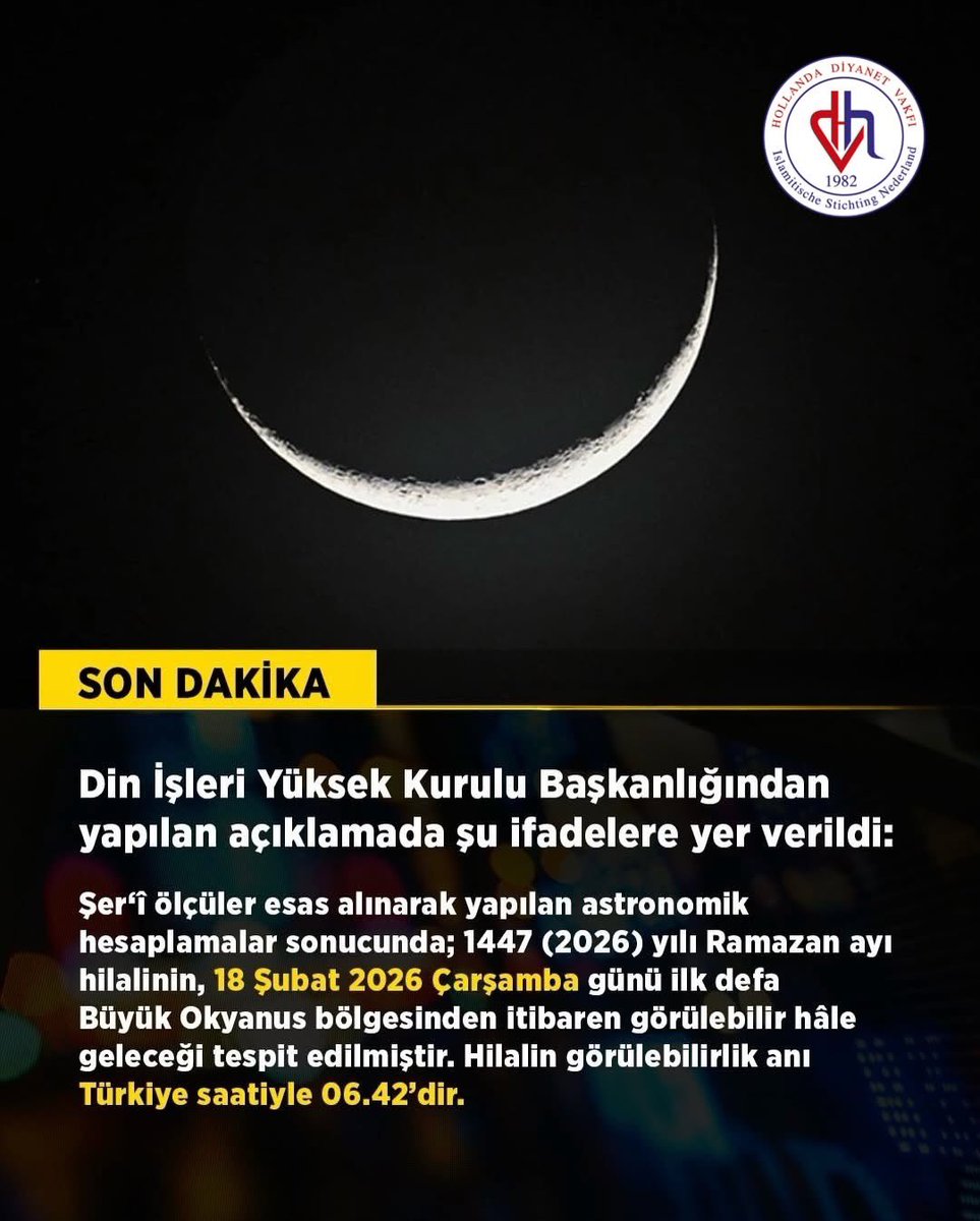 hdvhollanda's tweet photo. 🇹🇷 Din İşleri Yüksek Kurulu’ndan Ramazan Ayının Başlangıcına İlişkin Açıklama

Diyanet İşleri Başkanlığı Din İşleri Yüksek Kurulu Başkanlığı Ramazan hilalinin ne zaman ve hangi saatte görüleceğini açıkladı.

🇳🇱 Laatste nieuws: Wanneer begint de Ramadan? Verklaring van de Hoge Raad voor Religieuze Zaken

Het langverwachte bericht van het Presidium voor Religieuze Zaken, Hoge Raad voor Religieuze Zaken, is bekendgemaakt.

In dit kader zal donderdag 19 februari 2026 de eerste dag zijn van de Ramadan van het jaar 1447/2026.

In de verklaring van de Hoge Raad voor Religieuze Zaken staat het volgende vermeld:

Op basis van religieuze criteria en astronomische berekeningen is vastgesteld dat de nieuwe maan van de Ramadan 1447 (2026) voor het eerst zichtbaar zal zijn op woensdag 18 februari 2026 vanuit het gebied van de Grote Oceaan.

Het moment waarop de maansikkel zichtbaar kan worden, is vastgesteld op 06:42 uur (Turkse tijd).

#ramadan2026 #nederland #nieuws #hdv #hollanda