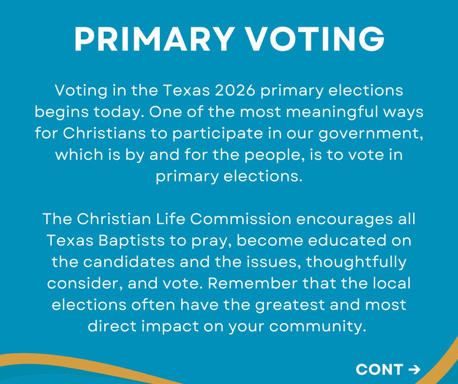 TxCLC's tweet photo. Early voting in Texas’ primary elections starts today. The CLC encourages all @TexasBaptists who are entitled to vote to exercise their right to do so. Here is some helpful information about the election process. 

 #txclc #moretogether https://t.co/alTTNk5tU5