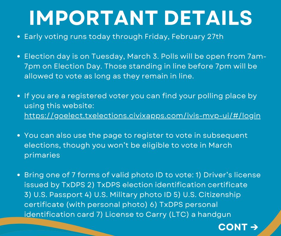 TxCLC's tweet photo. Early voting in Texas’ primary elections starts today. The CLC encourages all @TexasBaptists who are entitled to vote to exercise their right to do so. Here is some helpful information about the election process. 

 #txclc #moretogether https://t.co/alTTNk5tU5
