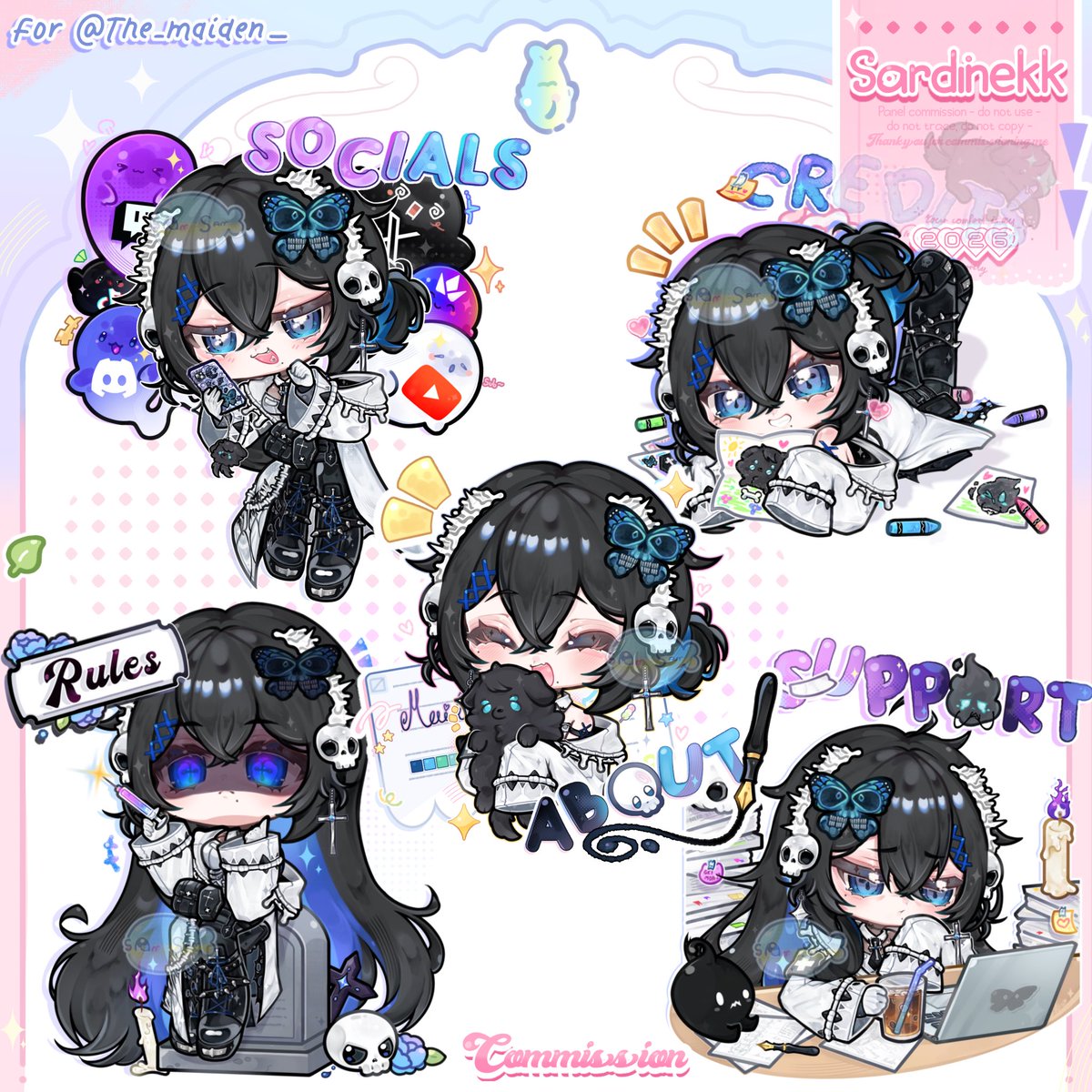 🎀🪦✦ panels commission for <a href="/The_Maiden_/">The Maiden 🩺💀 Vtuber || DEBUT JUNE 5th ‼️</a> ✦💉✨

【 Thank you for 
commissioning me! Finally finished all the panels, super proud of how they look  ヾ(｡✪ω✪｡)ｼ】 

⟡ ୭ ˚. ᵎᵎˎˊ˗
#panels #Commission #chibi #twitch
