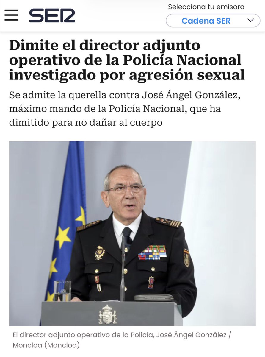 #ÚltimaHoraPolicial: “Dimite el director adjunto operativo de la Policía Nacional investigado por agresión sexual”, vía <a href="/La_SER/">Cadena SER</a>

Llama poderosamente la atención que la única organización sindical que se había pronunciado y pedido su dimisión era JUPOL…

Dicho lo cual, su máximo