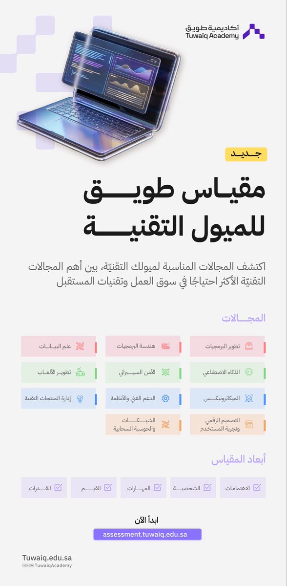 احترت أي من مجالات التقنية يثير شغفك أكثر؟
هذا مقياس طويق لقياس ميولك التقني في ١٠ مجالات مختلفة.

جاوب على قرابة ٢٠ سؤال، ثم اطّلع على مسارات ميولك التقني

رابط المقياس:
assessment.tuwaiq.edu.sa

"يفيدك في تحديد تخصصك أو مجال تطوير مهاراتك الي تناسب شغفك وميولك"

شاركنا نتيجتك..