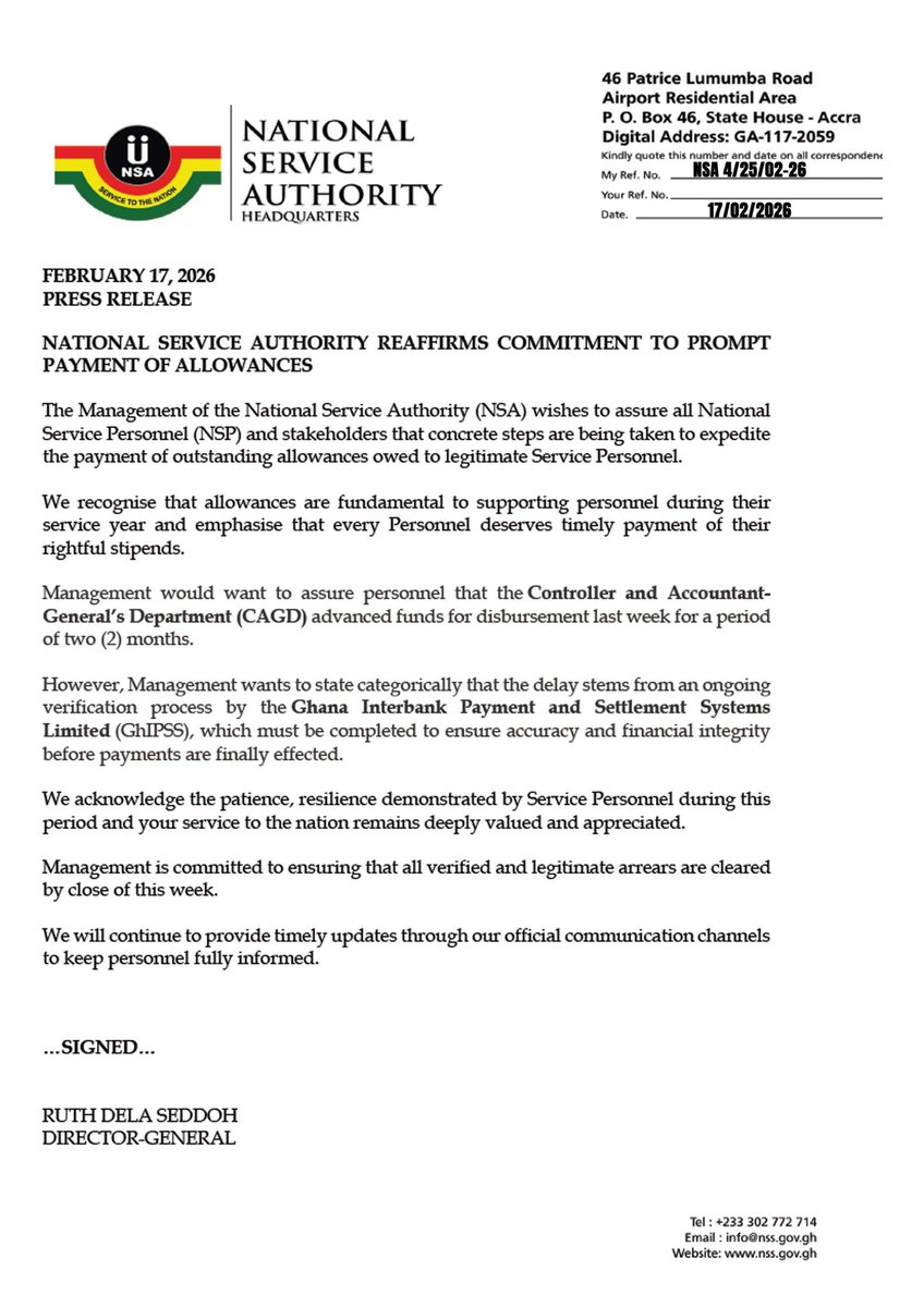 deejayaggreyGh's tweet photo. The National Service Authority reaffirms its commitment to the prompt and transparent payment of allowances to Service Personnel, as GhIPSS completes essential verification process for onward disbursement. 

@_nsagh @malisecullen https://t.co/aCSQmMUKkL