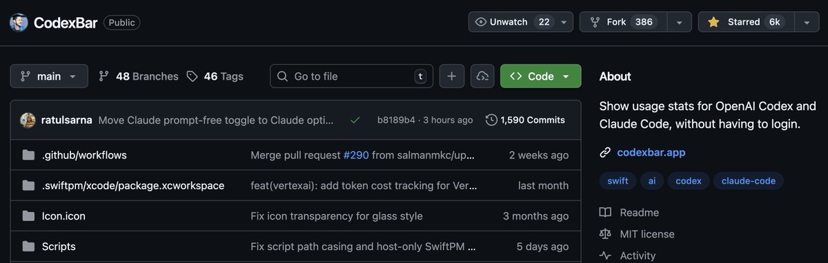 Small milestone: 6k stars on <a href="/steipete/">Peter Steinberger 🦞</a>'s CodexBar that I'm a collaborator on!