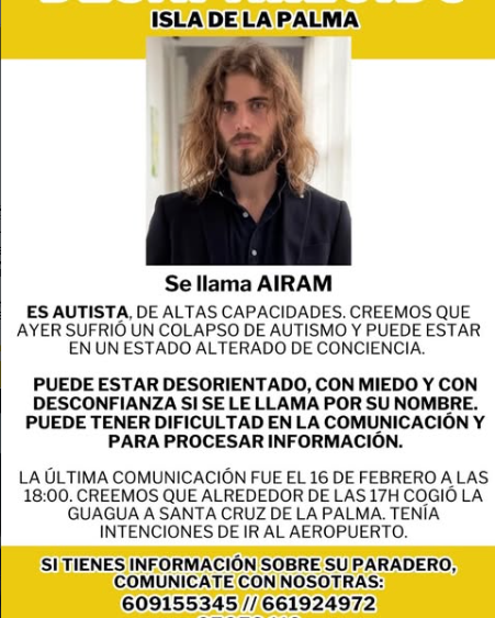 ConcienCEA's tweet photo. ⚠️ Atención. Persona desaparecida. Se llama Airam, es autista y posiblemete haya sufrido una crisis. 
Si lo has visto o crees saber dónde está, llama a los teléfonos 609155345 o 661924972.
#LaPalma #IsladeLaPalma #SeBusca #Desaparecido https://t.co/MMrW6wVeVW