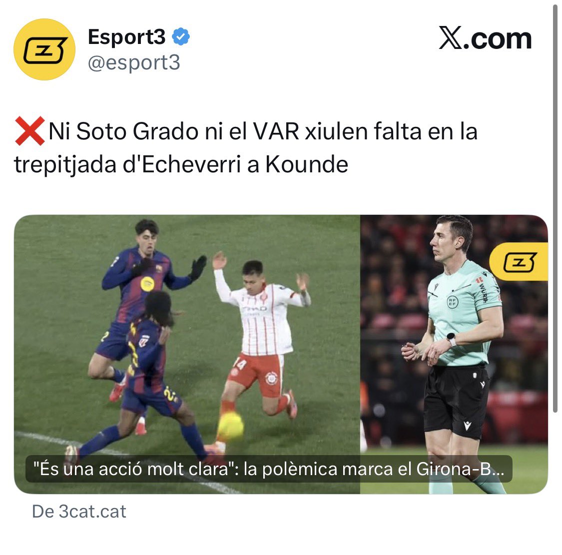 Bones <a href="/esport3/">Esport3</a> <a href="/Consell_Audio/">CAC</a> amb quina protesta vulneren l’objectivitat, neutralitat i imparcialitat del Manual d’ús del CCMA?

Un mitjà públic ha de narrar fets amb rigor, no amb adjectius ni judicis personals.

Hi haurà disculpes de la redacció al Girona FC per la mala praxis?