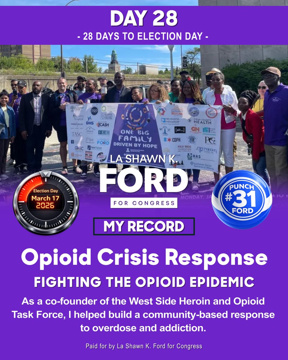 28 days to the Illinois Primary.

As co-founder of the West Side Heroin and Opioid Task Force, I helped build a coordinated, community-based response to overdose and addiction.

Early voting is underway.
March 17 | Punch #31

#MyRecord #CommunitySafety #FordForCongress #IL07