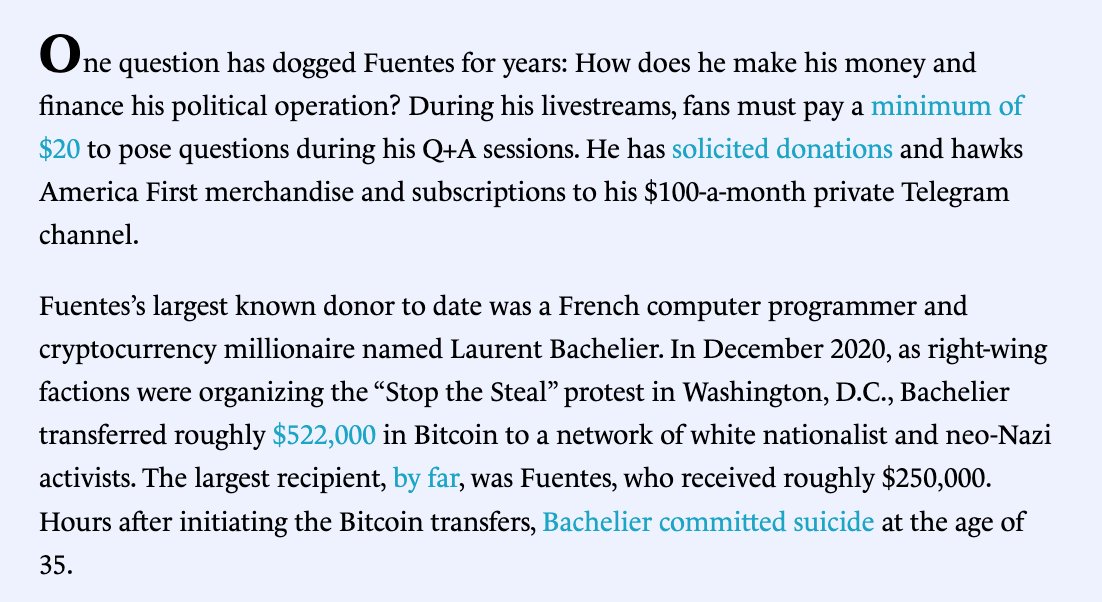 The largest known donor to Nick Fuentes was a French crypto millionaire who transferred $250,000 in Bitcoin to Fuentes in the lead-up to January 6, then, hours later, committed suicide. Laurent Bachelier was 35.
city-journal.org/article/nick-f…