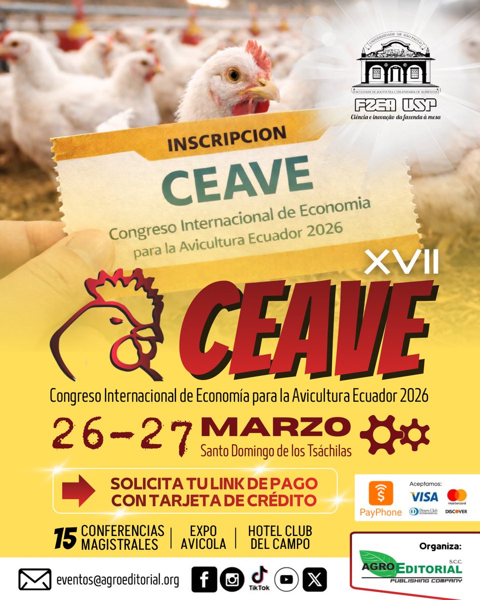 ¿Deseas pagar tu inscripción con tarjeta de crédito? Solicita tu link de pago seguro vía Payphone.

📅 26 y 27 de marzo
📍 Hotel Club del Campo – Santo Domingo de los Tsáchilas

👉 Reserva tu cupo: eventos@agroeditorial.org

#CEAVE2026 #AviculturaEcuatoriana #AviculturaEC