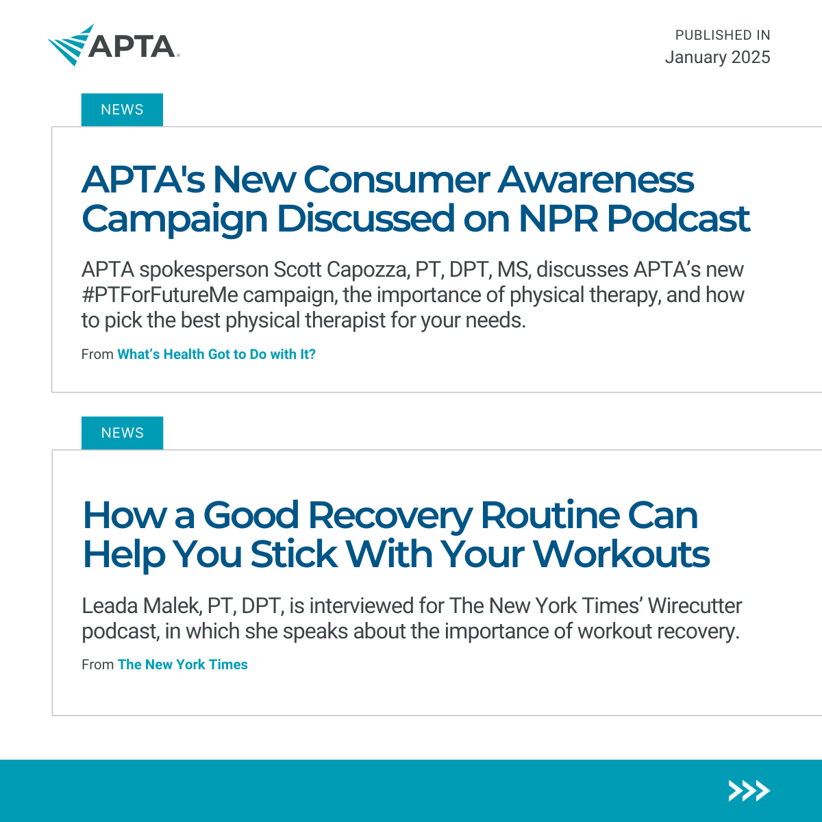 APTA_official's tweet image. PTs and PTAs continue to make headlines. 📰⭐ 

From joint health and healthy aging to recovery stories that inspire, APTA members are showing up in media and shaping how consumers understand movement and care. 

🔗 Explore this month’s roundup: apta.org/article/2026/0…

#ChoosePT