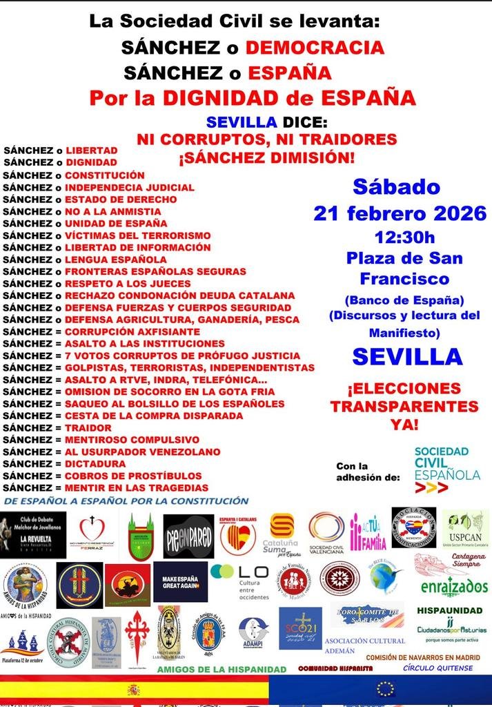 Pedro:

🔴🔴Democracia y Libertad  estará allí con el pueblo.

👍👍¡POR LA DIGNIDAD DE ESPAÑA ACUDA A SEVILLA!👍👍

¡Democracia y Libertad!