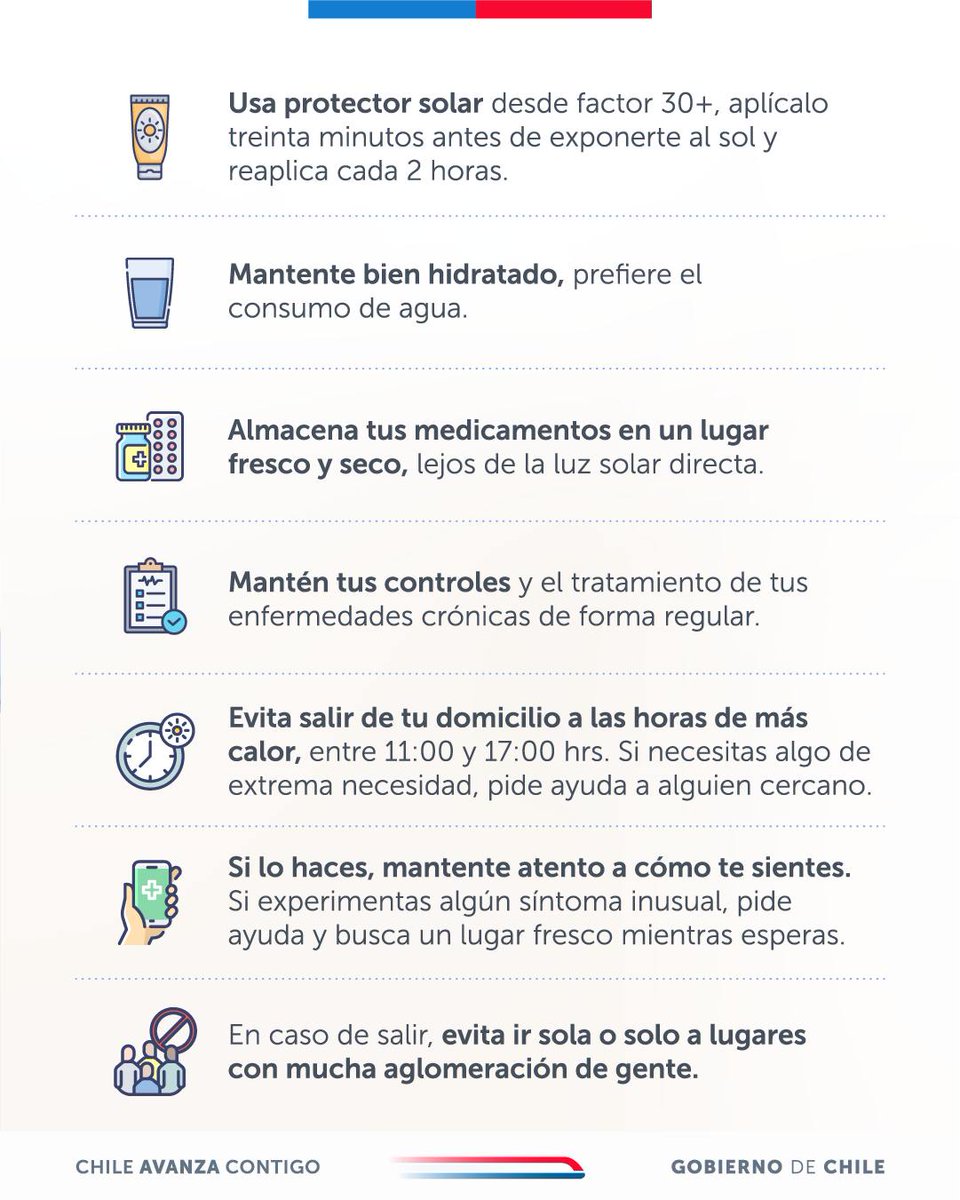 🌞Ante la ola de calor que afecta a toda la zona central del país, les compartimos estos consejos de cuidado a nuestras personas mayores, que son más vulnerables a estos eventos climáticos.