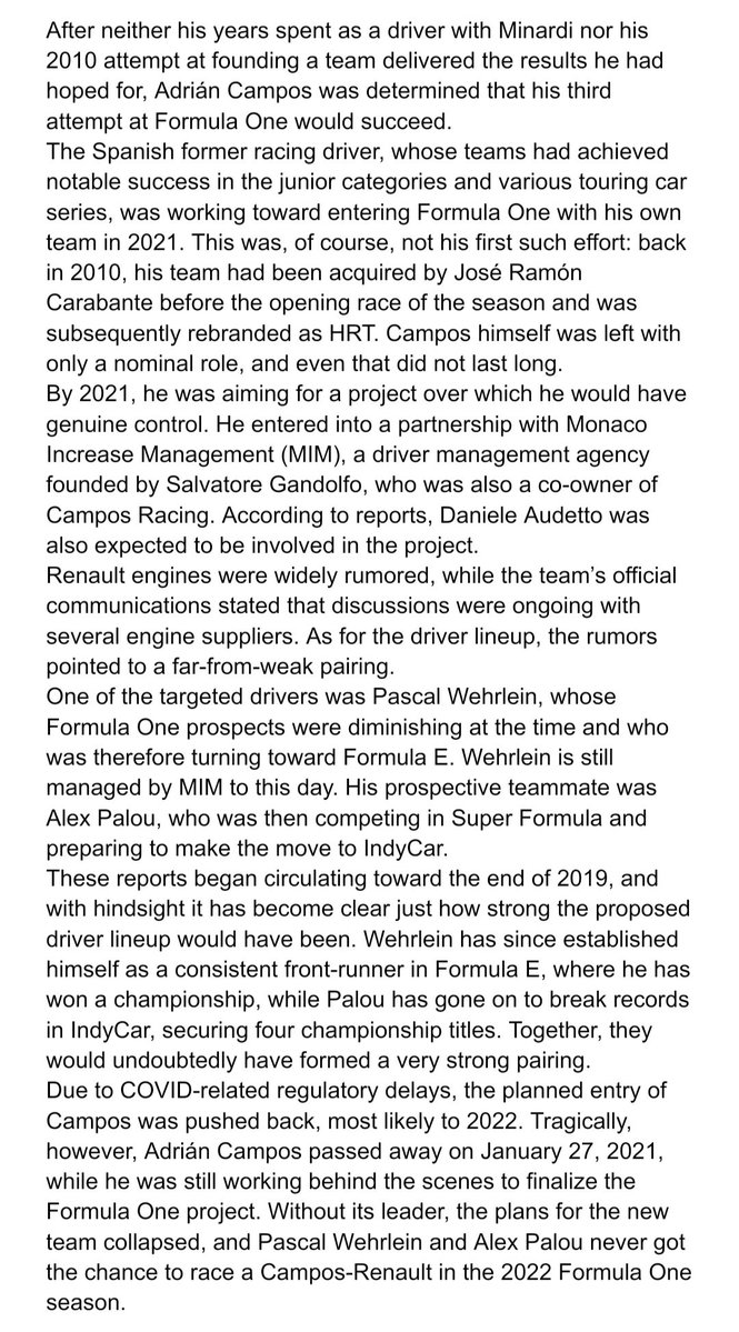 F1_AlmostMoves's tweet image. Campos planned to have another crack at F1 in either 2021 or '22, with a driver pairing of Pascal Wehrlein and Alex Palou.
Design credit: @SeviGraphics 

See details below⬇️⬇️
#F1 #Formula1