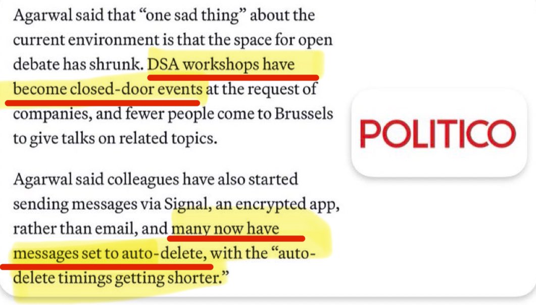 Incredible. The public pressure on the EU over its Digital Censorship Act has led EU censors to move to closed-doors meetings and auto-delete messages in coordinating their censorship ops.