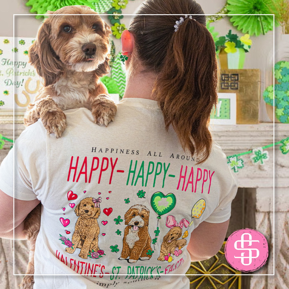 It's a 3 for 1 holiday tee!!! St. Patrick's Day is one month away and then Easter isn't long after that!!! Grab one tee to celebrate all three holidays!!! Stop by Simply Southern today!! 🩷🍀🐰 simplysouthern.com