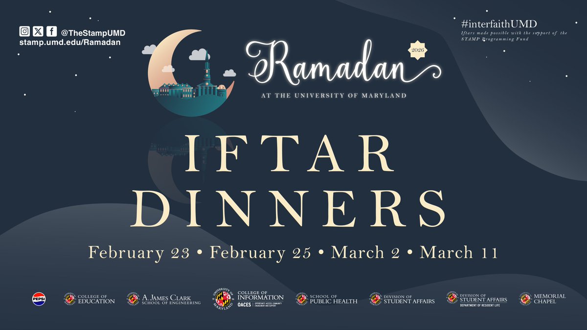 thestampumd's tweet photo. Ramadan Mubarak!

STAMP—in partnership with @ChapelUMD and others from across the #UMD campus—is honored to host a series of Ramadan iftars this season.

Find details about all these #interfaithUMD gatherings and other Ramadan resources for #Terps at https://t.co/2729nyihYo https://t.co/DI19PpjcuS