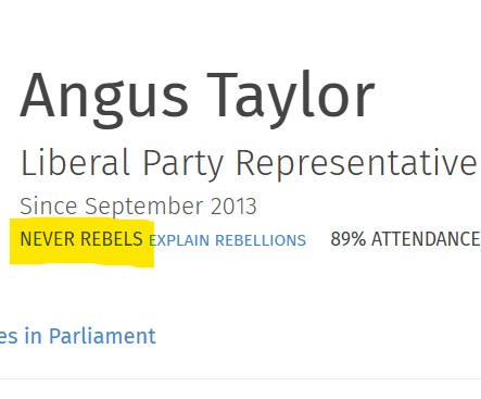 Angus Taylor is new, fresh, going to take the Liberal Party in a 'new direction'? 

Gimme a break.

It's clear that Angus Taylor MP is the perfect Liberal Party leader... because he does exactly what he's told.

According to theyvoteforyou.org.au Angus 'never rebels' (ie, he