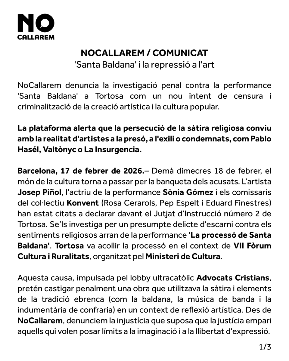no_callarem's tweet photo. 📢 COMUNICAT [Veure imatges]

Aquesta setmana tornem a rebre notícies que ens produeixen ràbia i vergonya. La persecució contra la creació dissident i la manca de llibertat d'expressió ens empenyen a continuar creient que la denúncia és necessària i a cridar NO CALLAREM. https://t.co/7JwZfySsPe