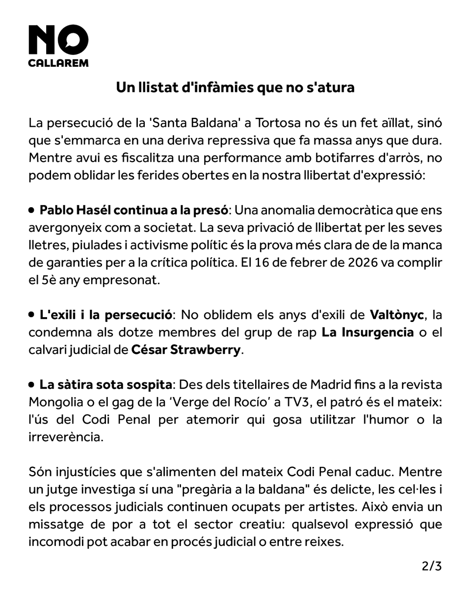 no_callarem's tweet photo. 📢 COMUNICAT [Veure imatges]

Aquesta setmana tornem a rebre notícies que ens produeixen ràbia i vergonya. La persecució contra la creació dissident i la manca de llibertat d'expressió ens empenyen a continuar creient que la denúncia és necessària i a cridar NO CALLAREM. https://t.co/7JwZfySsPe