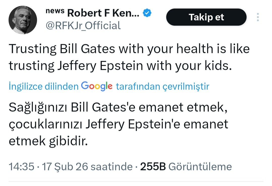 "Sağlığınızı Bill Gates'e emanet etmek, çocuklarınızı Epstein' e emanet etmek gibidir." 

Diyor ABD Sağlık Bakanı.
Kimler çocuklarını Epistein'e teslim etmek ister?

Birisi çocuğunuzun ırzına geçer, diğeri sağlığınızın ırzına geçer.

Unutmayın aşı demek Bill Gates demektir. Bill