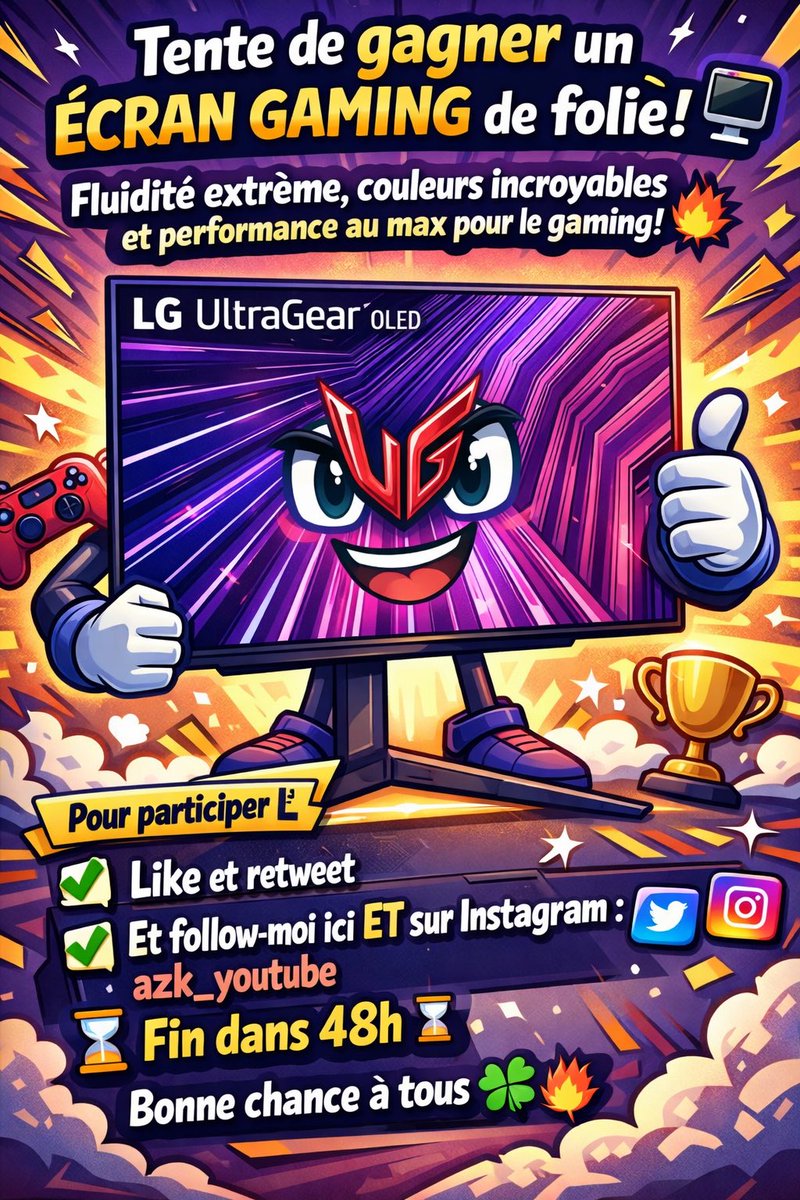 azk_youtube's tweet image. Tente de gagner un ÉCRAN GAMING de folie 🖥️🔥
Fluidité extrême, couleurs incroyables et performance au max pour le gaming 💥

Pour participer ⤵️
1️⃣ Like et retweet
2️⃣ Et follow-moi ici ET sur Instagram : azk_youtube

⏳ Fin dans 48h ⏳
Bonne chance à tous 🍀🔥