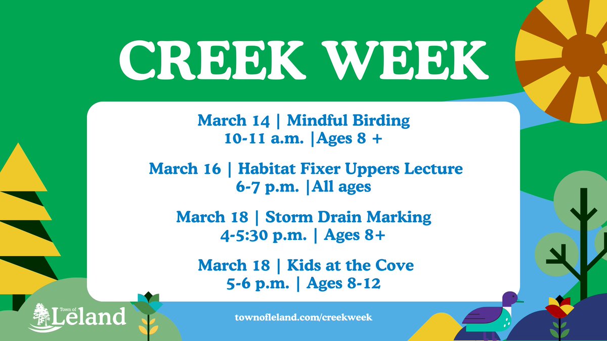 🌊 Don’t forget to register for Creek Week! Events include birding, habitat lectures, storm drain marking, and kids’ programs.

Register now to participate and enter a raffle to win a rain barrel! 👉ow.ly/cXsN50Yh62Q #LelandNC