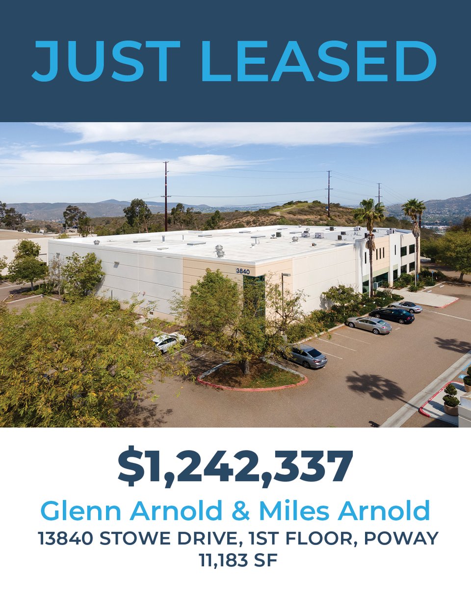 Congratulations to Glenn Arnold and Miles Arnold of Voit’s San Diego office for executing the $1,242,337 lease of this 11,183 SF industrial building in Poway representing the both the landlord and the tenant. Great teamwork, guys!

#VoitRealEstate #VoitSanDiego #CREBroker