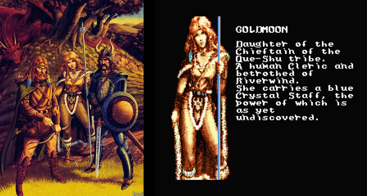 Left: Dragonlance Chronicles: Dragons of Autumn Twilight (1984). Art by Larry Elmore
Right: Pixel art from Dungeons &amp; Dragons for #MSX computers (1991)