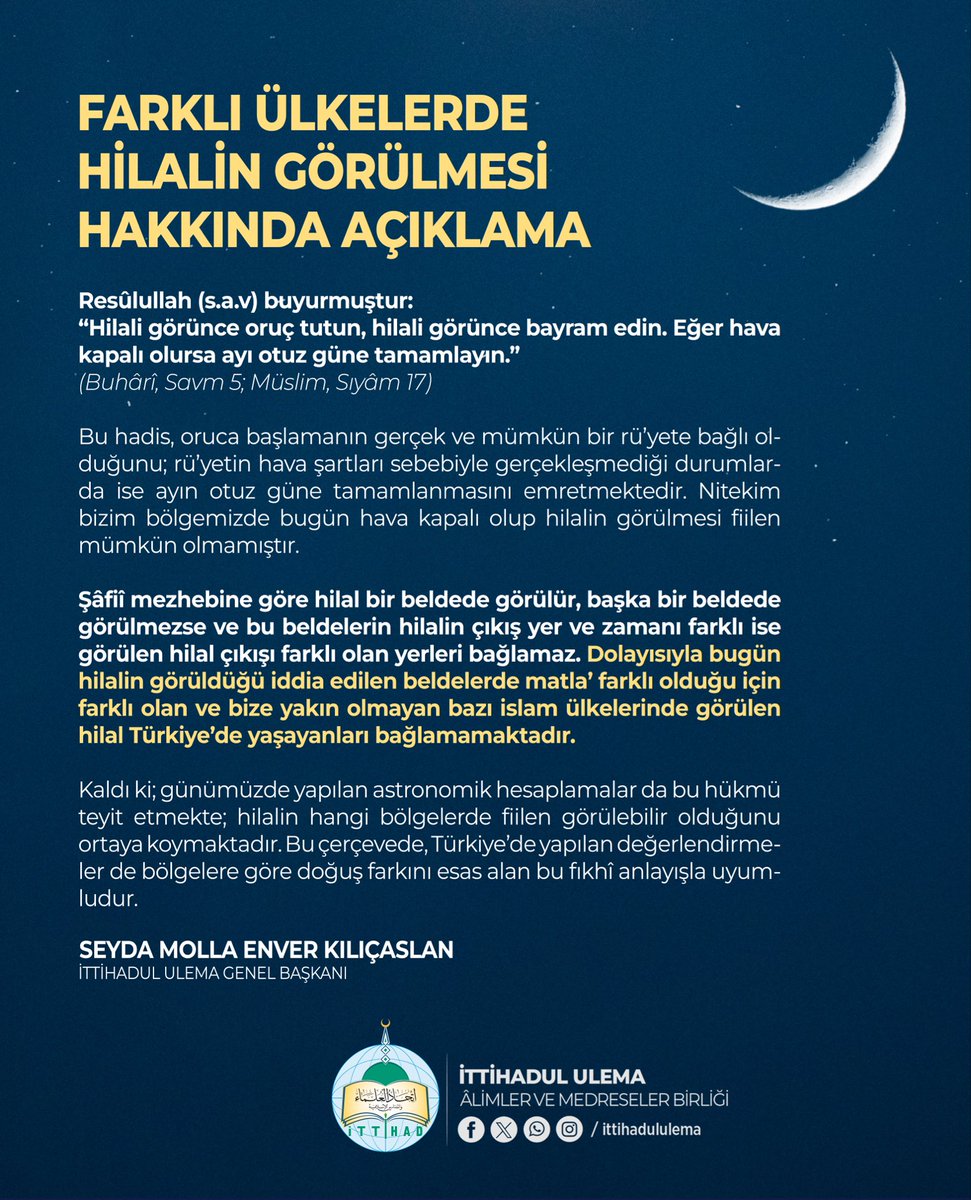 Farklı ülkelerde Hilal’in görülmesi hakkında açıklama: