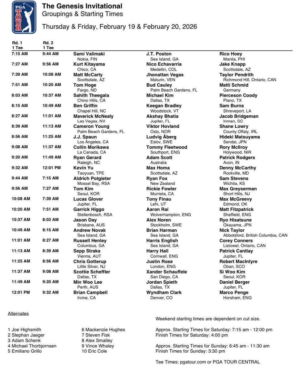 Tee times for the first and second round of The Genesis Invitational