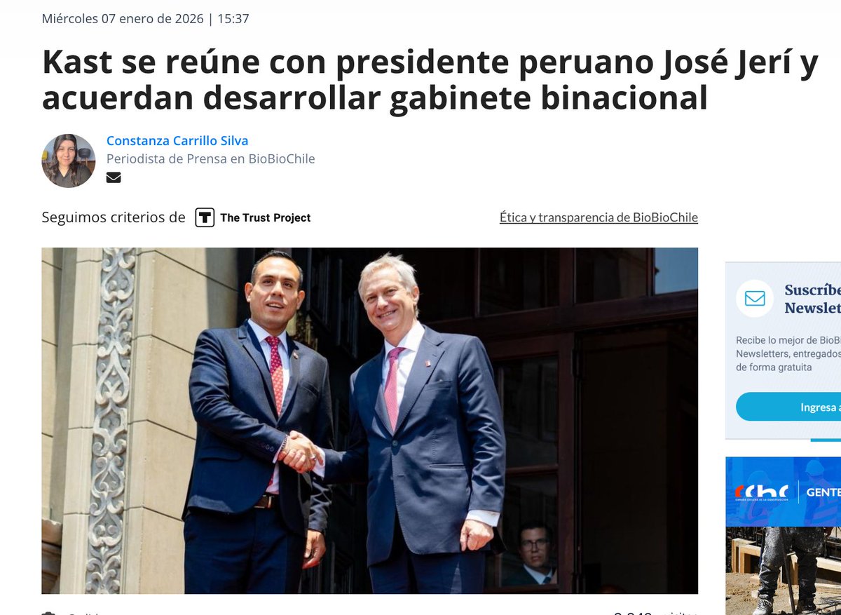 7 de enero de 2026.

José Antonio Kast estrecha la mano de José Jeri.