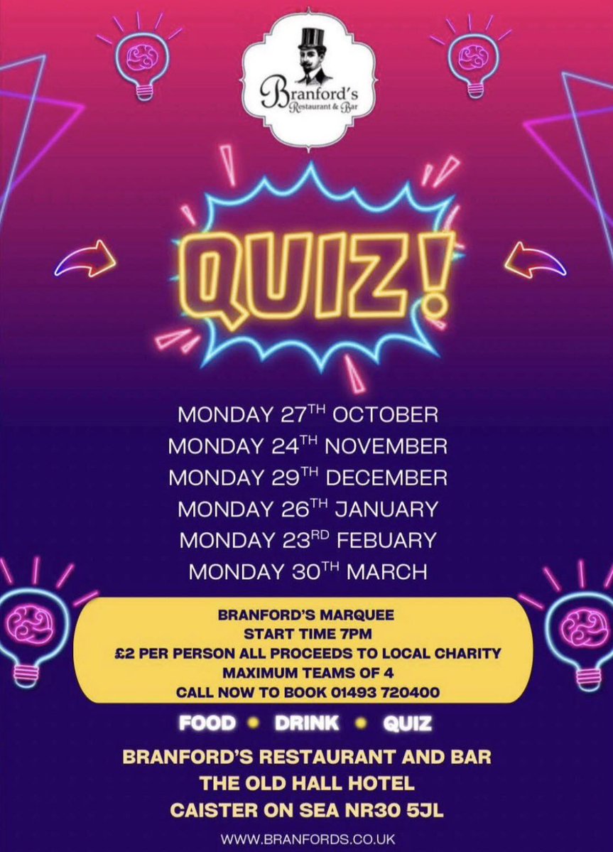 Our next Quiz Is Monday 23rd February please book asap!

🚨Limited Availability🚨

🍽Food Available 12-8

🍔Buy one get one free BURGERS

🍽Early Bird 12-6 

🍻Happy Hour🥂 4-7 

Call our team on 01493 720400 to book for the Quiz <a href="/YidTye/">Tyrone Harold BEM</a>