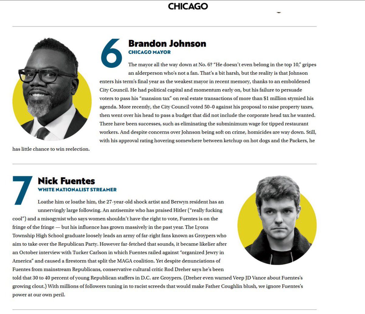 FuentesUpdates's tweet image. Chicago Magazine ranked Nick Fuentes as the number 7 most powerful Chicagoan - just below the mayor.