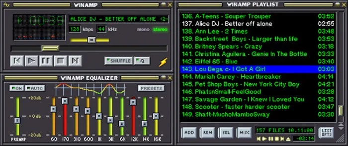 Nos anos 90, com a Internet discada chiando, PC branco amarelado… e ele reinava absoluto: Winamp.
O melhor reprodutor da recém-criada extensão mp3.
Leve, cheio de skins e equalizador tunado.
Se você montava playlist e deixava no repeat a madrugada inteira, você viveu a era de