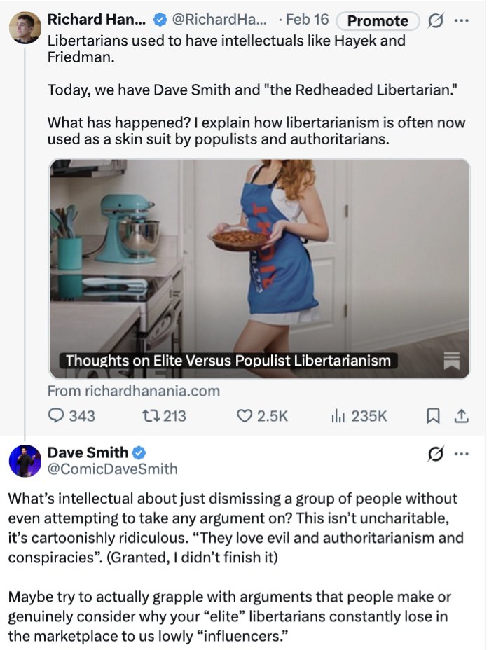 RichardHanania's tweet photo. My discussion with Dave Smith.

Me: Populist libertarians are dumb.

Smith: You don't address our arguments.

Me: I do all the time, here is one article.

Smith: I don't actually read, bro. 

Incredible people. https://t.co/RmrCWveyx0