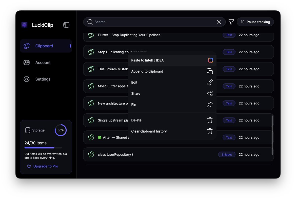 🎉 I'm excited to officially launch LucidClip 🎊.

A privacy-first clipboard manager built as local infrastructure, not a utility.

Your clipboard becomes persistent, searchable, and reliable.

Download → lucidclip.app/download

(macOS available, Windows coming soon)

#macOS