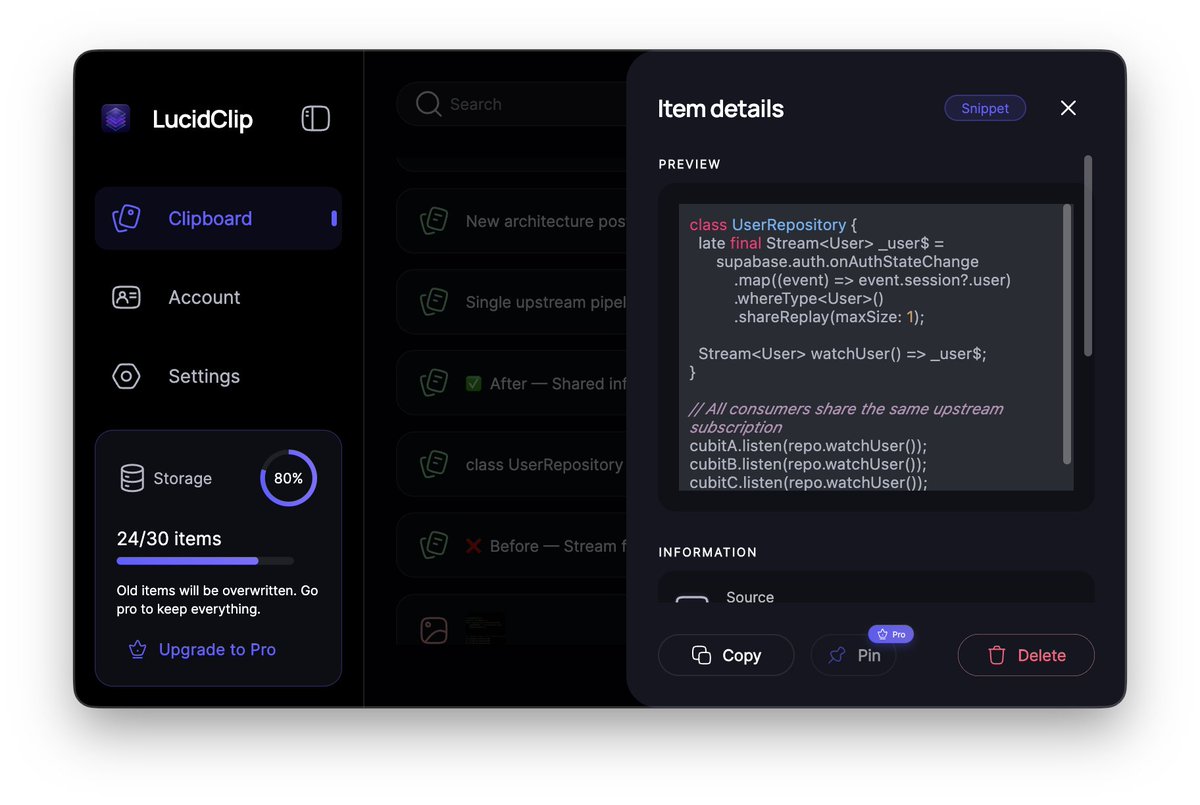enthusiastDev's tweet photo. 🎉 I'm excited to officially launch LucidClip 🎊.

A privacy-first clipboard manager built as local infrastructure, not a utility.

Your clipboard becomes persistent, searchable, and reliable.

Download → https://t.co/ol6rLVYIbv

(macOS available, Windows coming soon)

#macOS #Productivity #Privacy #Developers #BuildInPublic #FlutterDev @FlutterDev
