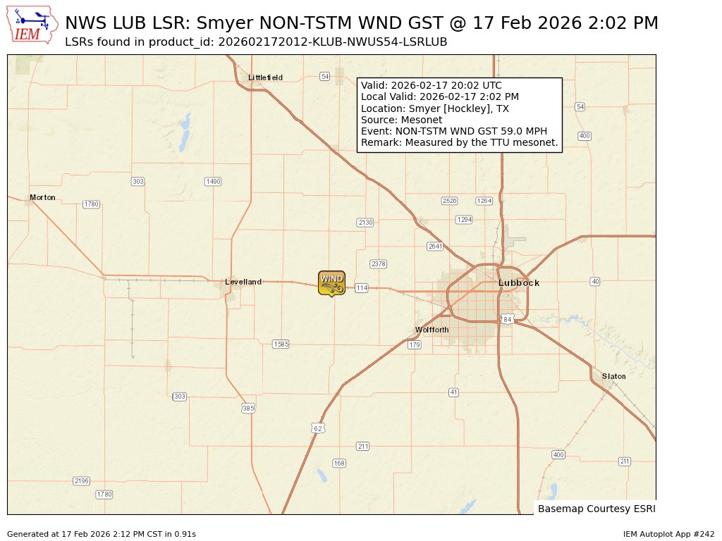 At 2:02 PM CST, Smyer [Hockley Co, TX] Mesonet reports Non-Tstm Wnd Gst of M59 MPH. Measured by the TTU mesonet. #txwx mesonet.agron.iastate.edu/lsr/?by=wfo&wf…