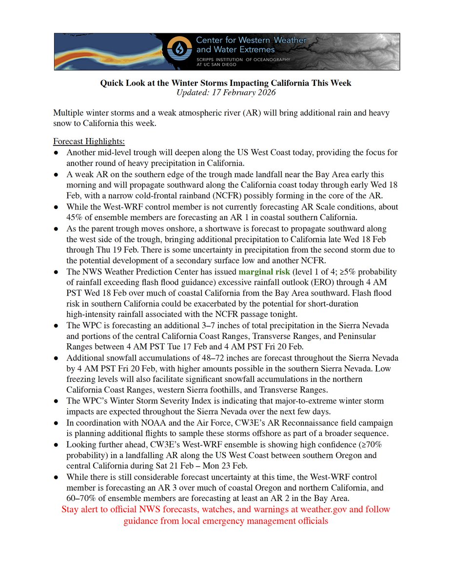 CW3E_Scripps's tweet image. Multiple winter storms and a weak #AtmosphericRiver will bring additional rain and heavy snow to California this week. There is potential for another impactful AR this weekend into early next week.

See our latest Quick Look for more information: cw3e.ucsd.edu/wp-content/upl….