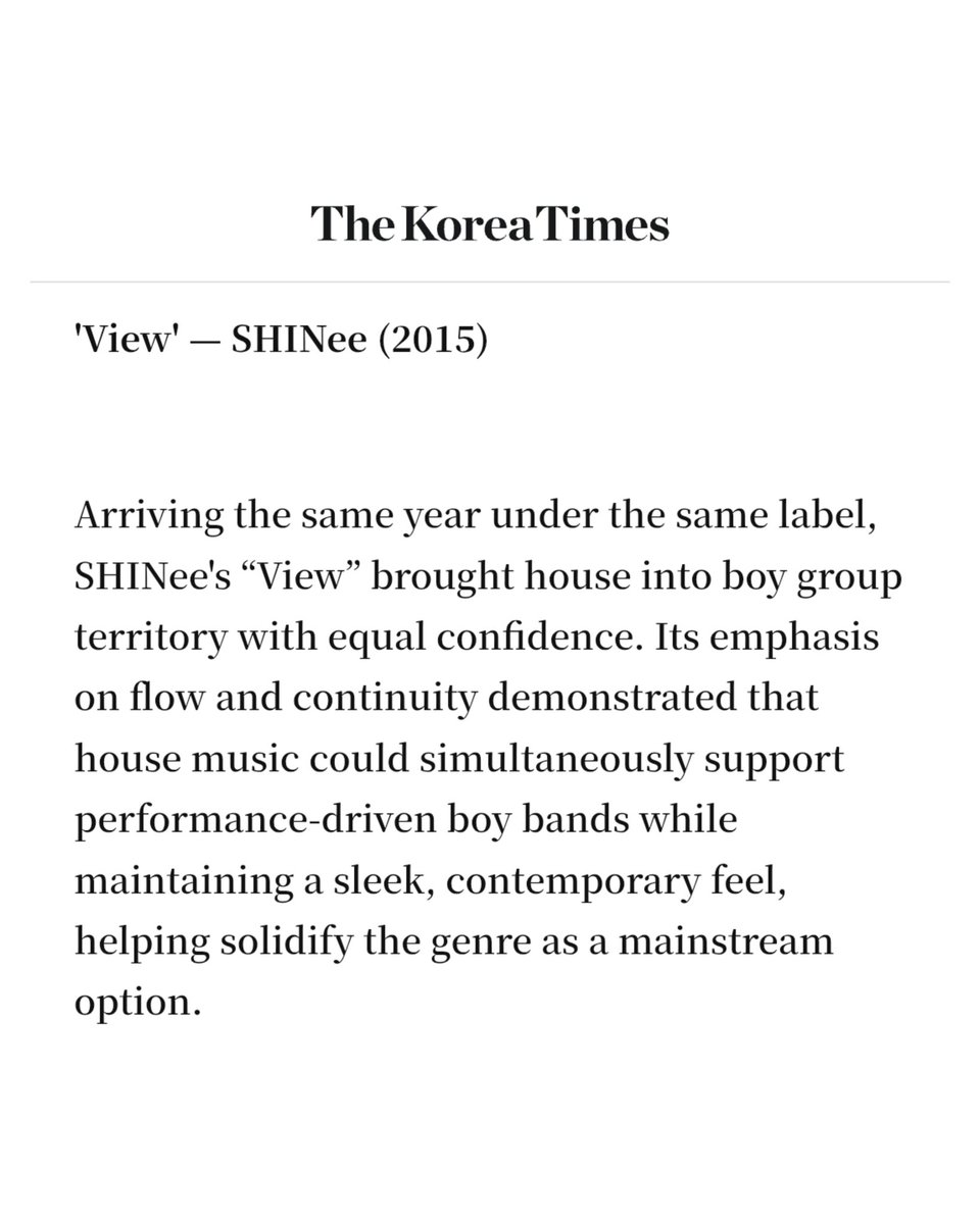 📰 SHINee 'View' is mentioned as one of the key moments of house music in K-pop's history

"SHINee's “View” brought house into boy group territory, [...] helping solidify the genre as a mainstream option."

koreatimes.co.kr/entertainment/…

#SHINee #KEY #샤이니 #키