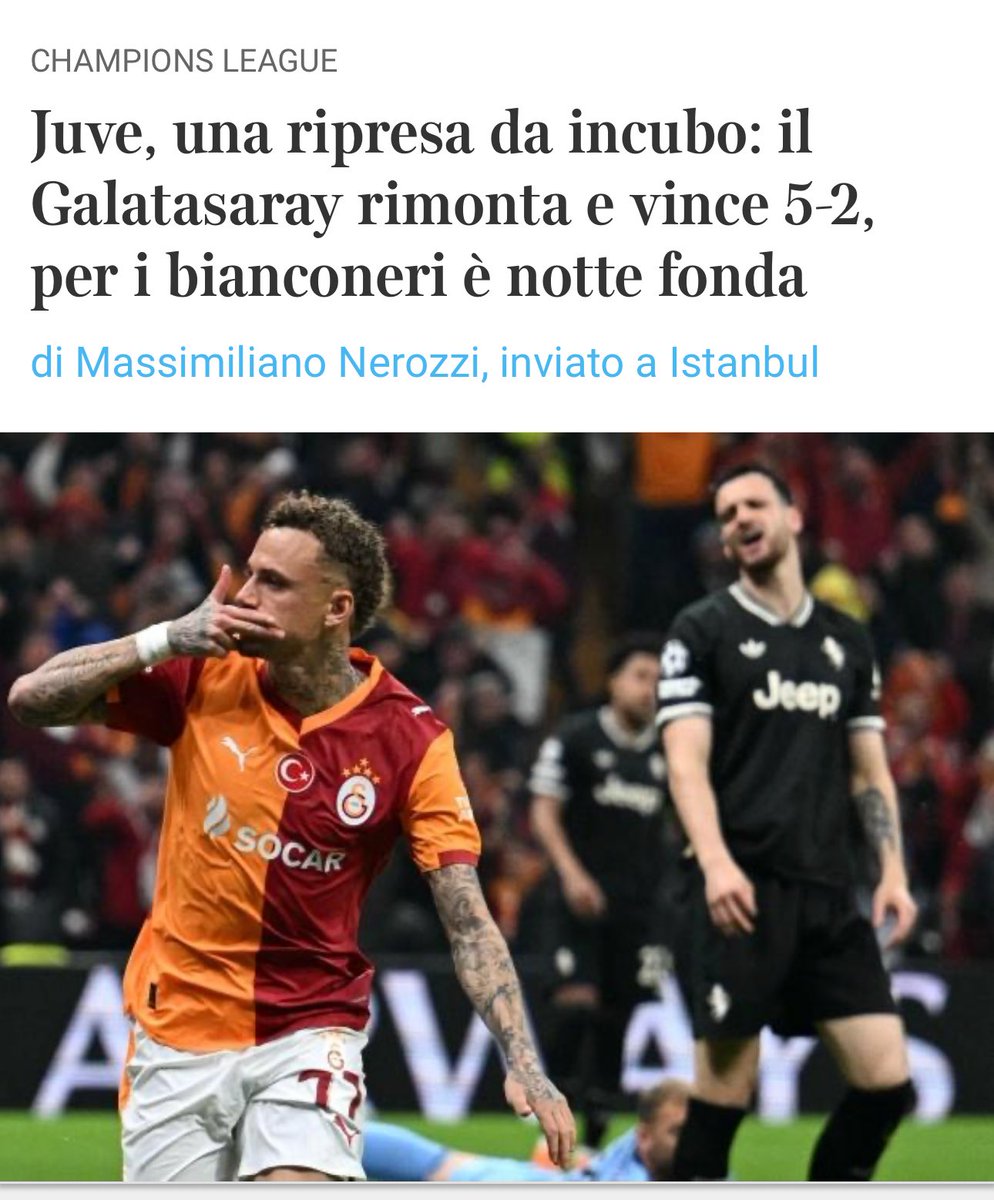 aykiri's tweet photo. Galatasaray’ın 5-2’lik Juventus zaferi, İtalyan basınında:

- Corriere dello Sport: “Noa Lang sahneye çıktı. Juventus darmadağın oldu. Spalletti felaket bir yenilgi aldı. Galatasaray bu gece harikaydı.”

- Corriere delle Sera: “Juventus için kabus gibi ikinci yarı. Galatasaray geriden gelerek 5-2’lik galibiyete ulaştı.”

- TuttoSport: “İstanbul’da felaket ve çöküş…”