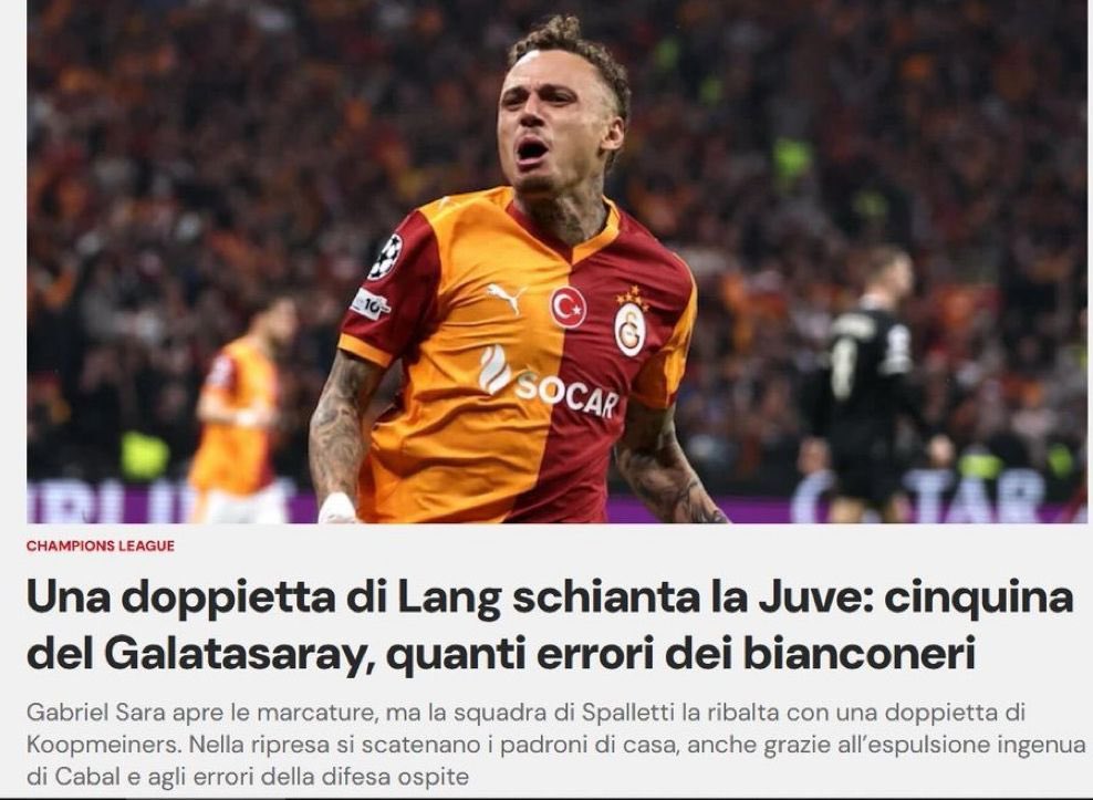 aykiri's tweet photo. Galatasaray’ın 5-2’lik Juventus zaferi, İtalyan basınında:

- Corriere dello Sport: “Noa Lang sahneye çıktı. Juventus darmadağın oldu. Spalletti felaket bir yenilgi aldı. Galatasaray bu gece harikaydı.”

- Corriere delle Sera: “Juventus için kabus gibi ikinci yarı. Galatasaray geriden gelerek 5-2’lik galibiyete ulaştı.”

- TuttoSport: “İstanbul’da felaket ve çöküş…”