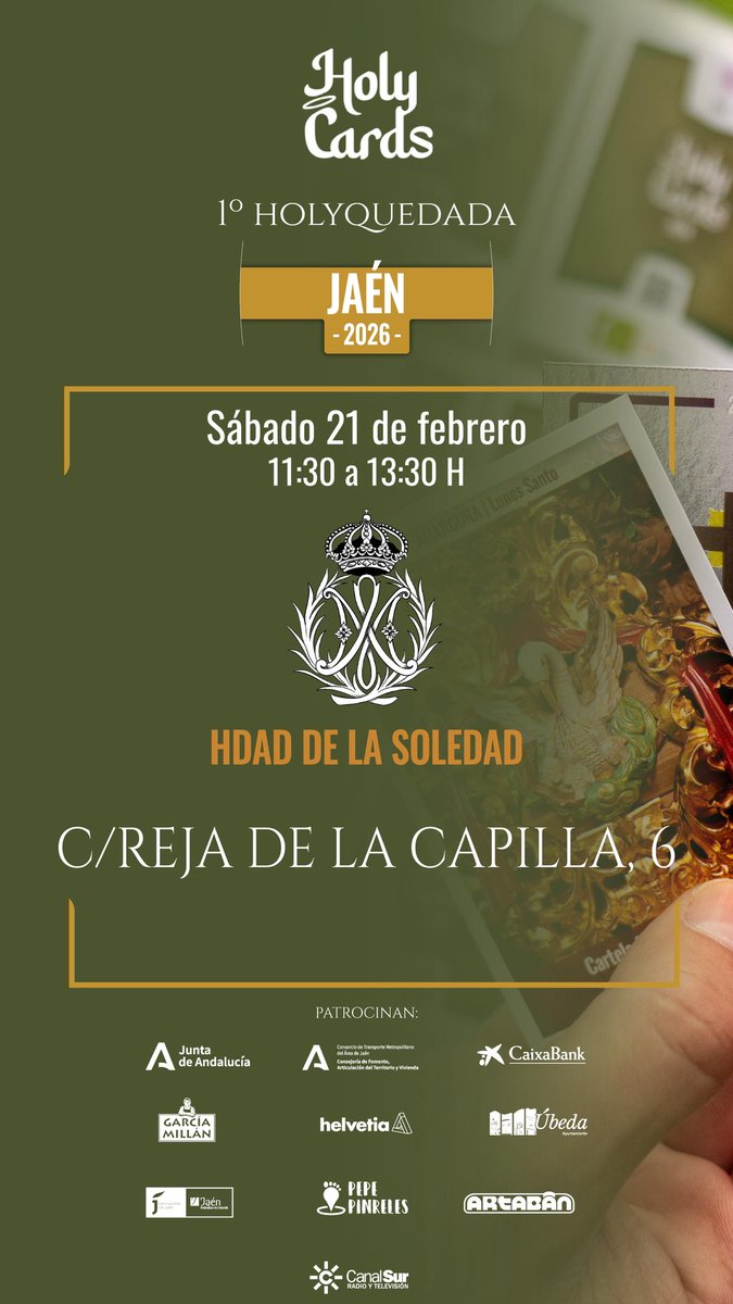 ⚫️I HOLYQUEDADA JAÉN 2026⚫️

El próximo sábado 21 de febrero de 11:30 a 13:30, nuestra Casa de Hermandad acogerá la I Holyquedada en Jaén, un encuentro dedicado al intercambio de cromos “Holy Cards” entre coleccionistas y aficionados.