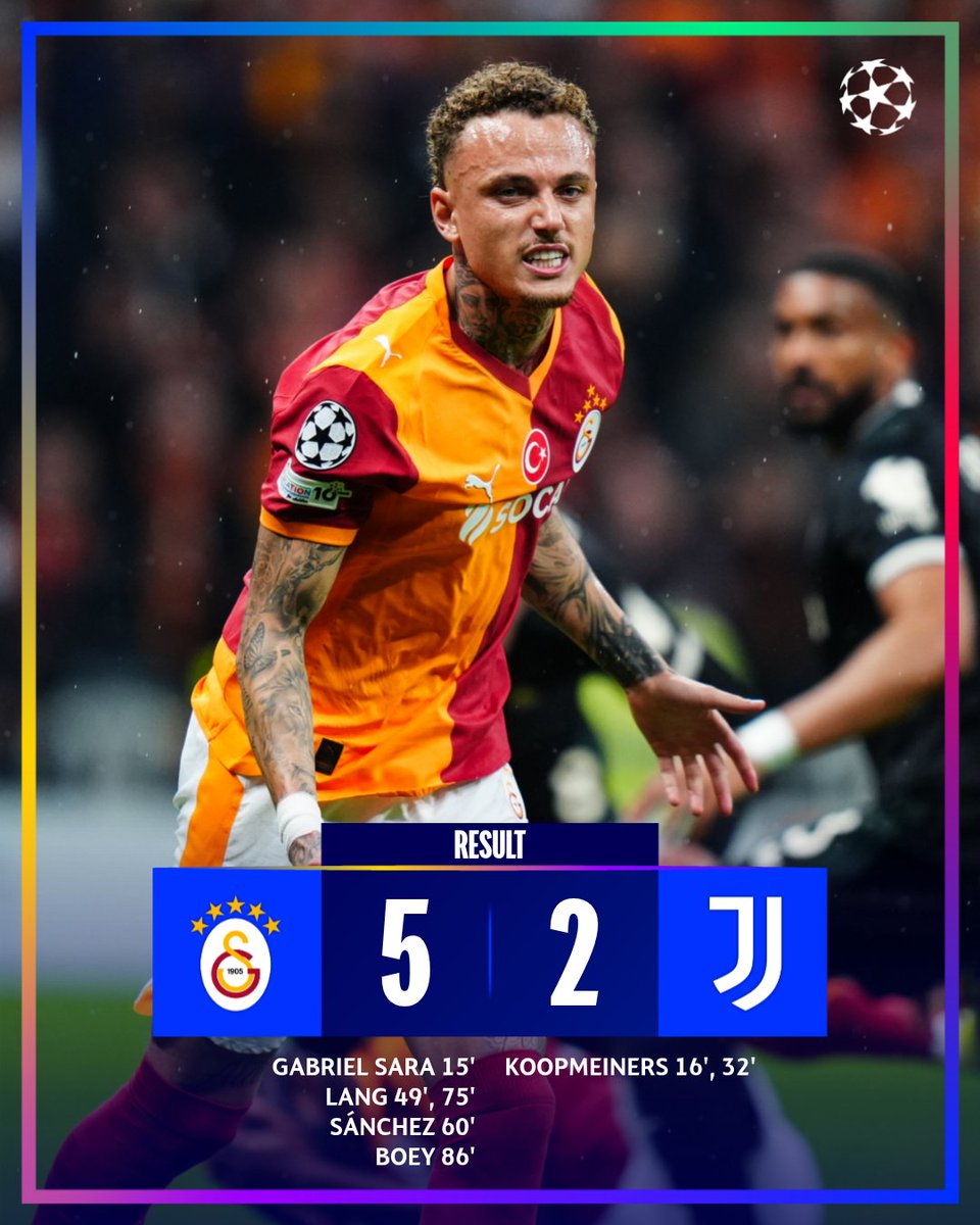 🚨 Galatasaray Istanbul'da italyan devi Juventus'u ezdi .

Galatasaray :5-2: Juventus 

🔴15'Sara
⚫16'Koopmeiners
⚫32'Koopmeiners
🔴49'N.Lang
🔴60'Sanchez
👎🩸67'Cabal(Kırmızı Kart)
🔴75'N.Lang
🔴86'S.Boey

(Grande TV)