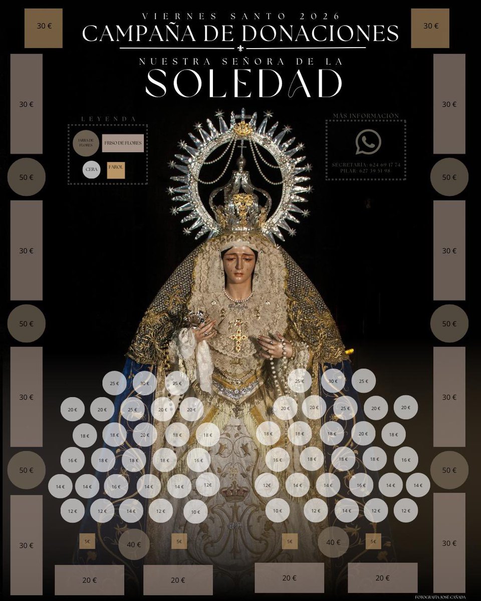 ⚫️CAMPAÑA DE DONACIÓN DE CIRIOS Y FLORES⚫️

De cara al próximo Viernes Santo, abrimos la campaña para colaborar en los cirios y el exorno floral del Santísimo Cristo Yacente y Nuestra Señora de la Soledad.