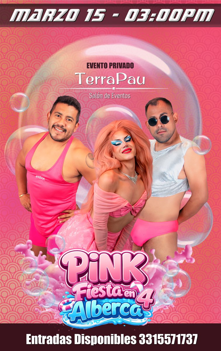 PINK (Fiesta en Alberca 04)
-show Drag
-Gogos
-Barra Libre 2 hrs
-Agua Calientita
-Juegos
-Actividades
-Multimedios
-Música
-Zona Roja

Evento Privado
(Cupo Limitado)

Adquiere tu entrada de forma segura aquí:
3315571737