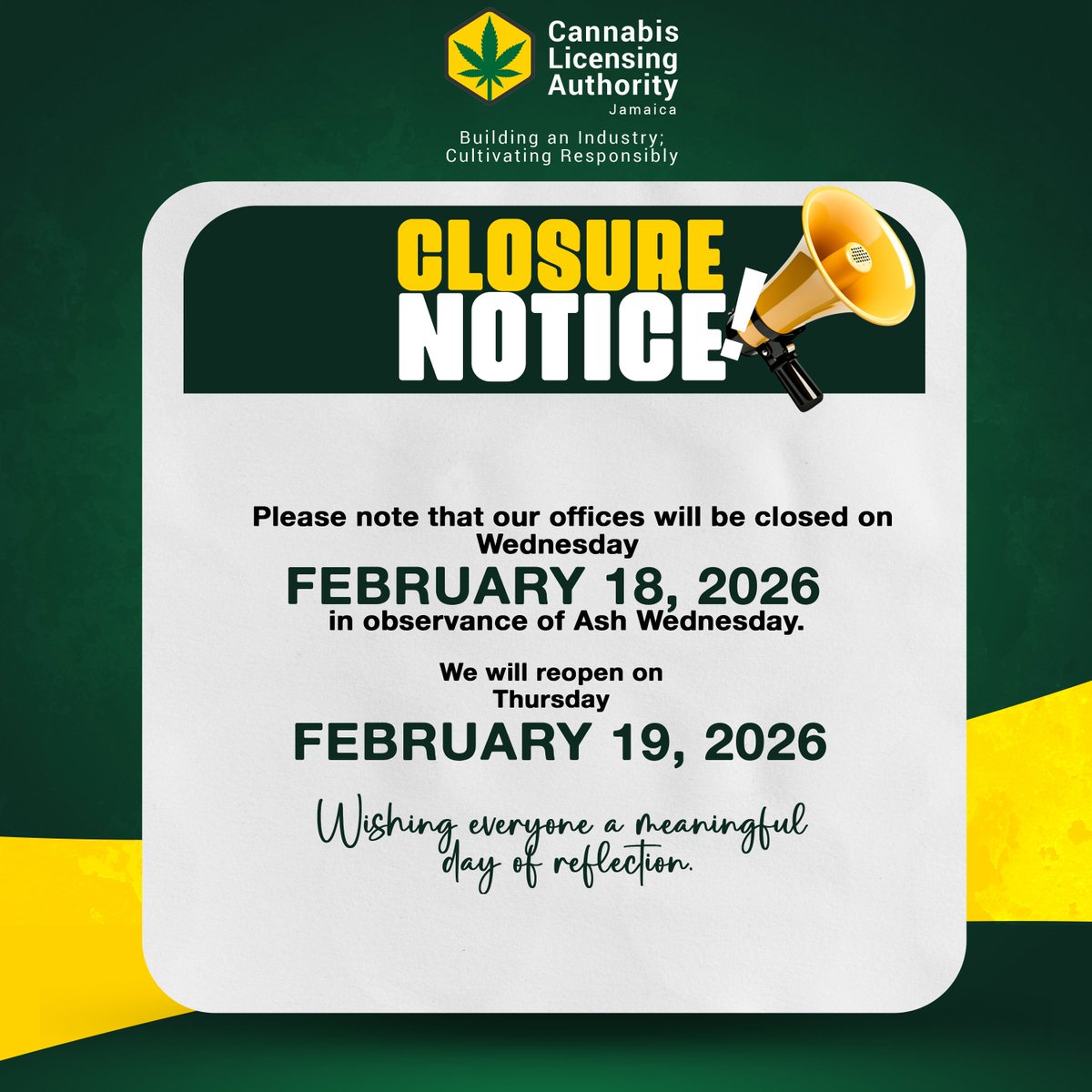 Please be advised that our offices will be closed on Wednesday, February 18, 2026. Normal business operations will resume on Thursday, February 19, 2026.