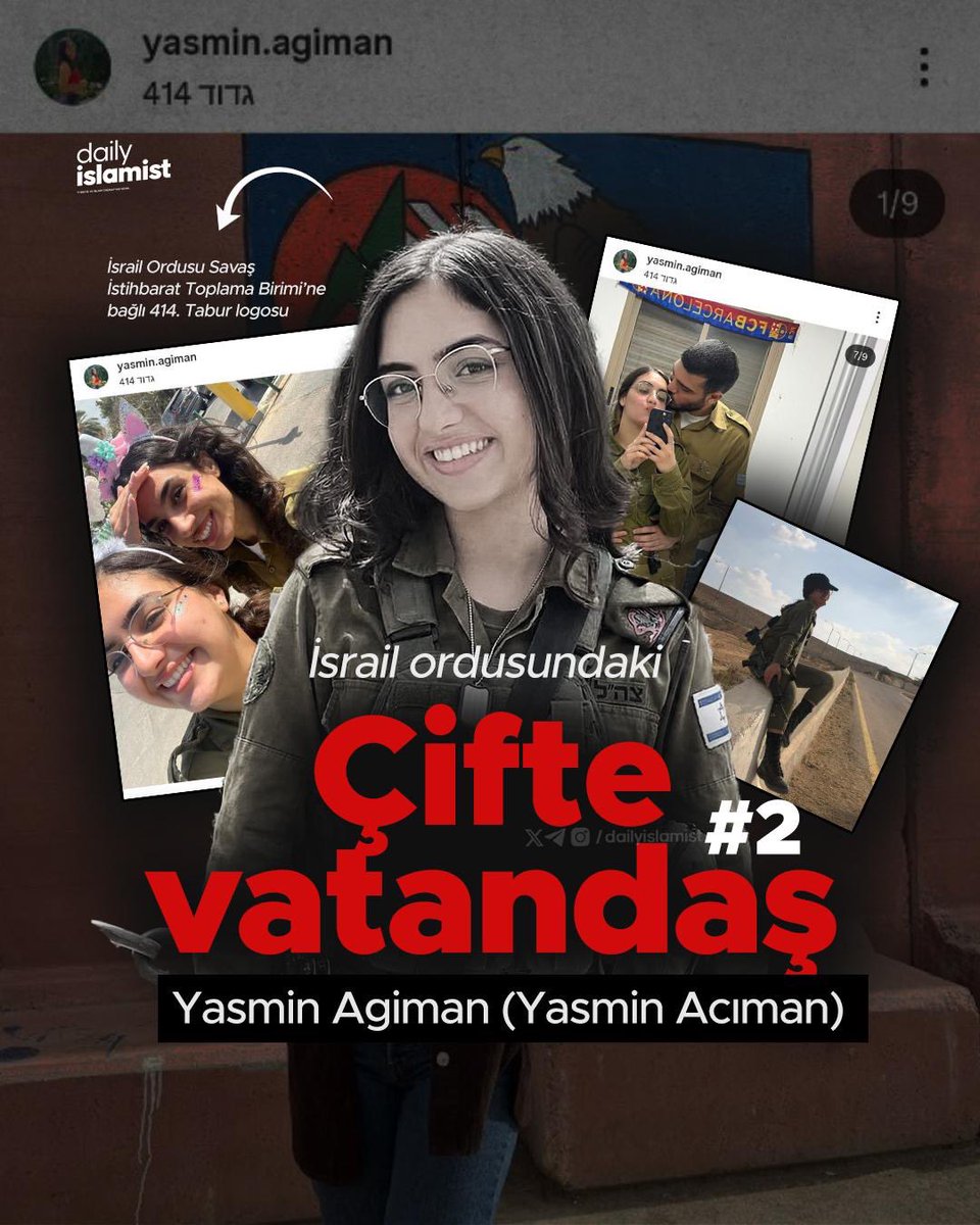 Soykırımcı İsrail ordusunda görev alan çifte vatandaşlardan biri daha ifşa edildi.

Özgürlük Nöbeti Platformu, İsrail ordusu Savaş İstihbarat Toplama Birimi'ne bağlı 414. Tabur'da görev yapan çifte vatandaş Yasmin Agiman'ı açık kaynaklardan tespit etti.

BM Filistin Raportörü