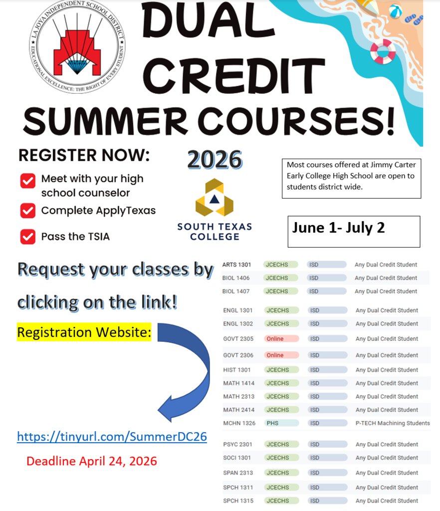 lobo_pride's tweet photo. ☀️📚 Summer Dual Enrollment Opportunities for 9th–11th Grade Students!

Earn college credit while still in high school and get ahead this summer! 🎓

🔗 Register here: https://t.co/OEgCMb7lhD

#DualEnrollment #SummerCourses #CollegeReady @LaJoyaISD https://t.co/c5RIwMdipC