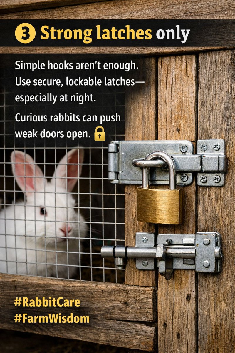 MwonFarms's tweet image. Strong latches only
Simple hooks aren’t enough. Use secure, lockable latches—especially at night. Curious rabbits can push weak doors open. 🔐
#RabbitCare #FarmWisdom